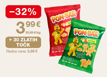 Flips Pom-bar Original in Ketchup 65 g 2 kosa na svetlem ozadju. Ob unovčitvi 30 zlatih točk akcijska cena 3,99 €, znižanje –32 %, redna cena 5,89 €.
