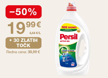 Gel za pranje perila, Persil Universal 4,5 L, 100 pranj na svetlem ozadju. Ob unovčitvi 30 zlatih točk akcijska cena 19,99 €, znižanje –50 %, redna cena 39,99 €.