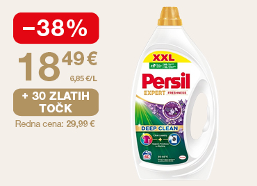 Gel za pranje perila, Persil Expert Lavender 2,7 L, 60 pranj na svetlem ozadju. Ob unovčitvi 30 zlatih točk akcijska cena 18,49 €, znižanje –38 %, redna cena 29,99 €.