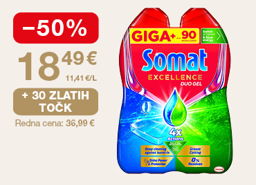Gel za pranje posode, Somat Excellence Duo 2 x 810 mL, 90 pranj na svetlem ozadju. Ob unovčitvi 30 zlatih točk akcijska cena 18,49 €, znižanje –50 %, redna cena 36,99 €.