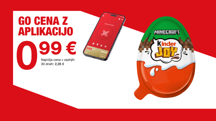 Na sliki je prikazan oglas za akcijsko ponudbo, kjer je izpostavljena cena 0,99 € za izdelek Kinder Joy ob mobilni aplikaciji.