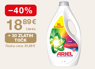 Velika plastenka Ariel tekočega detergenta za pranje perila XL Economy v količini 2,7 litra, z ročajem in barvnim logotipom na beli embalaži. Na levi strani slike je oznaka -40 % znižanje, akcijska cena 18,89 €. Ponudba velja ob unovčenju 30 zlatih točk.