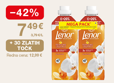 Dve plastenki mehčalca za perilo Lenor Perfume Therapy Mega Pack, vsaka po približno 990 ml, skupaj 1,98 litra, v oranžno-beli embalaži s cvetličnim motivom. Na levi strani slike je oznaka -42 % znižanje, akcijska cena 7,49 €. Ponudba velja ob unovčenju 30 zlatih točk.