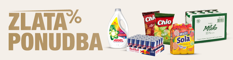 Promocijski banner z velikim napisom Zlata ponudba in skupinskim prikazom več izdelkov: Ariel tekoči detergent 2,7 litra, Red Bull energijska pijača 24-krat po 250 ml, Chio čips dve vrečki po 150 gramov, Multi Sola 6 plastenk po 1,5 litra ter trajno mleko v kartonu 12-krat po 1 liter.