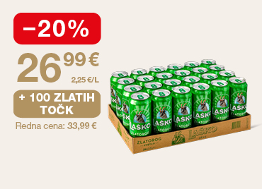 Paket piva Laško Zlatorog (24 pločevink) na svetlem ozadju. Ob unovčitvi 100 zlatih točk akcijska cena 26,99 €, znižanje –20 %, redna cena 33,99 €.