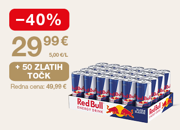 Pladenj energijske pijače Red Bull z 24 modro-srebrnimi pločevinkami po 250 ml, skupaj 6 litrov, postavljen v kartonskem pakiranju z logotipom Red Bull. Na levi strani slike je oznaka -40 % znižanje, akcijska cena 29,99 €, cena na liter 5,00 €/L. Ponudba velja ob unovčenju 50 Zlatih točk.