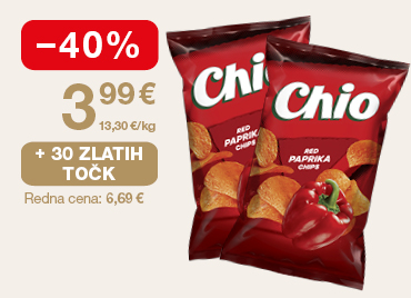 Dve vrečki Chio krompirjevega čipsa okus red paprika, vsaka po 150 gramov, skupaj 300 gramov, v rdeči embalaži z motivom paprike in čipsa. Na levi strani slike je oznaka -40 % znižanje, akcijska cena 3,99 €. Ponudba velja ob unovčenju 30 zlatih točk.