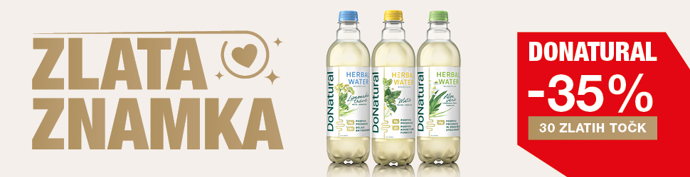 Na svetlem ozadju levo dominira velik napis »ZLATA PONUDBA« v poudarjeni barvi. Na svetlem, nevtralnem ozadju so v vrsti postavljene tri prozorne plastenke pijače Donat Natural. V vsaki je rahlo motna, svetla pijača z vidnimi mehurčki. Plastenke imajo različne barve pokrovčkov – leva modrega, srednja zelenega in desna rumenega. Na etiketah je napis »Donat Natural« ter »Herbal Water«, pod katerim so prikazane stilizirane ilustracije zelišč. Vsaka plastenka predstavlja drug okus, kar nakazujejo barve pokrovčkov in grafični poudarki na etiketi.