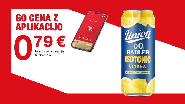 Promocijski banner Petrol z napisom »GO cena z aplikacijo« in poudarjeno ceno 0,79 €. Levo je prikazan pametni telefon z aplikacijo, desno pa pločevinka Union 0.0 Radler Isotonic limona; spodaj manjši tekst o najnižji ceni v zadnjih 30 dneh (1,59 €).