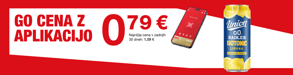 Promocijski banner Petrol: napis »GO cena z aplikacijo« in velika cena 0,79 €, ob strani prikaz mobilnega telefona z aplikacijo ter pločevinka pijače Union 0.0 Radler Isotonic limona.