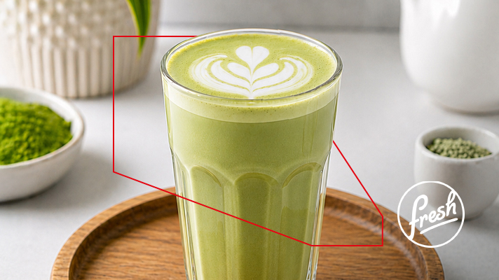 Kozarec svetlo zelene matcha latte pijače z mlečno peno in dekorativnim vzorcem v obliki srca na vrhu, postavljen na lesen podstavek. V ozadju so bela posoda, skodelica z zelenim prahom matche in rastlina, kar ustvarja čist, minimalističen ambient. Desno spodaj je logo Fresh.