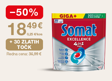 Kapsule za pomivalni stroj Somat, 75 kapsul, na svetlem ozadju. Ob unovčitvi 30 zlatih točk akcijska cena 18,49 €,  znižanje -50 %, redna cena 8,99 €