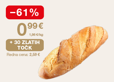 Kruh Žito, beli rustikalni, 500 g, na svetlem ozadju. Ob unovčitvi 30 zlatih točk akcijska cena 0,99 €, znižanje –61 %, redna cena 2,59 €.