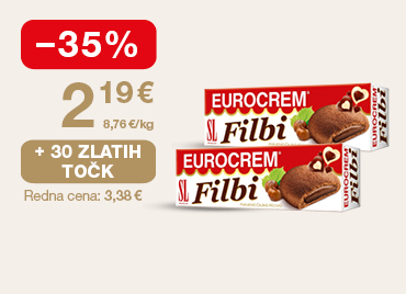 Keksi Eurocrem Filbi, 2x 125 g, na svetlem ozadju. Ob unovčitvi 30 zlatih točk akcijska cena 2,19 €, znižanje -35 %, redna cena 3,38  €