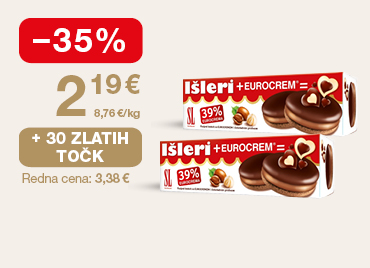 Keksi Eurocrem Išleri, 2x 125 g, na svetlem ozadju. Ob unovčitvi 30 zlatih točk akcijska cena 2,19 €, znižanje -35 %, redna cena 3,38  €