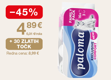 Toaletni papir Paloma Exclusive comfort, 16 kos, na svetlem ozadju. Ob unovčitvi 30 zlatih točk akcijska cena 8,99 €,  znižanje -45 %, redna cena 8,99 €