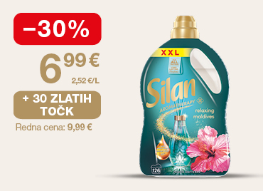 Na sliki je prikazana plastenka mehčalca Silan Aromatherapy Oil Relaxing. Ob izdelku je izpostavljena akcijska ponudba s 30 % popustom, ceno 6,99 € ter možnostjo pridobitve 30 zlatih točk.