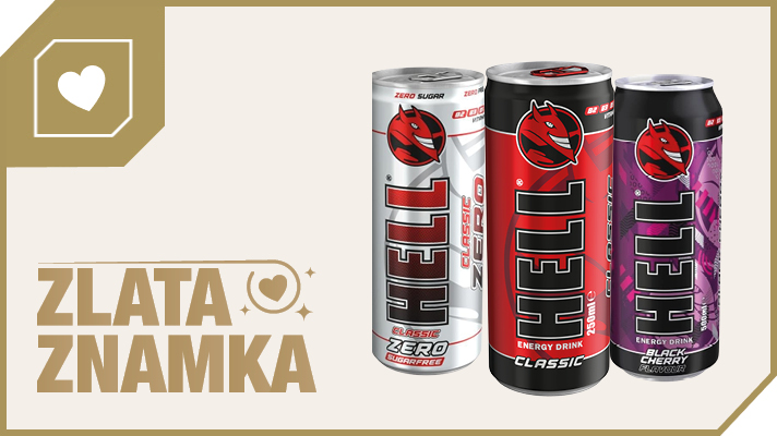 Na svetli podlagi je na levi strani velik napis ''ZLATA ZNAMKA'' v zlati barvi. Na desni strani so tri pločevinke energijske pijače Hell. Srebrna pločevinka z okusom Classic Zero, rdeče-črna pločevinka z okusom Classic in vijolično-črna  pločevinka z okusom Black Cherry.
