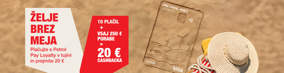 Na bannerju se nahaja promocija Petrol Pay Loyalty z napisom “Želje brez meja”, ponudbo 20 € cashbacka ob 10 plačilih in vsaj 250 € porabe ter prikazom kartice na peščeni plaži.