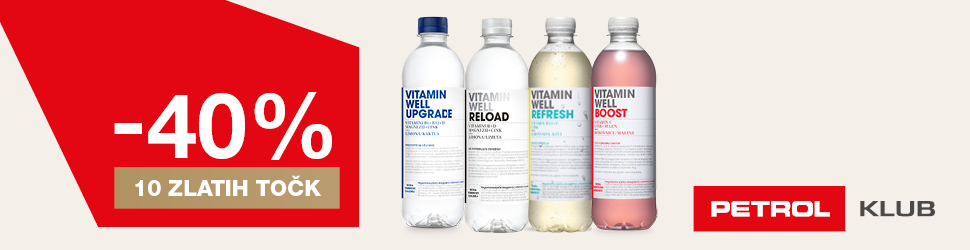 Promocijska grafika programa Petrol Klub. Na levi strani je rdeč banner z napisom »-40 %« in »10 zlatih točk«. Na sredini so prikazane štiri plastenke vitaminskih napitkov Vitamin Well (Upgrade, Reload, Refresh in Boost), na desni pa logotip Petrol Klub. Oglas predstavlja ugodnost za člane programa zvestobe.