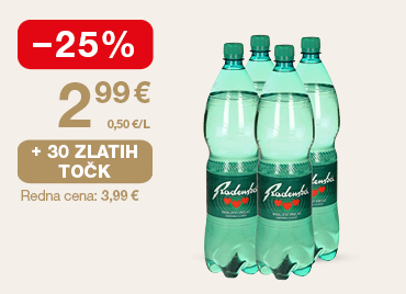 Promocijska grafika na svetlem ozadju z akcijsko ponudbo mineralne vode Radenska. Na desni strani so prikazane štiri plastenke Radenske. Na levi strani je rdeča oznaka »−25 %«, pod njo akcijska cena 2,99 € in podatek 0,50 €/L. Cena velja ob unovčenju 30 zlatih točk, navedena pa je tudi redna cena 3,99 €.