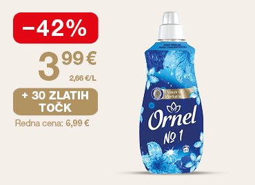 Promocijska grafika na svetlem ozadju z akcijsko ponudbo mehčalca Ornel No. 1. Na desni strani je prikazana modra plastenka mehčalca z motivom cvetov. Na levi strani je rdeča oznaka −42 %, pod njo akcijska cena 3,99 € in podatek 2,66 €/L. Cena velja ob vnovčenju 30 zlatih točk, navedena pa je tudi redna cena 6,99 €.