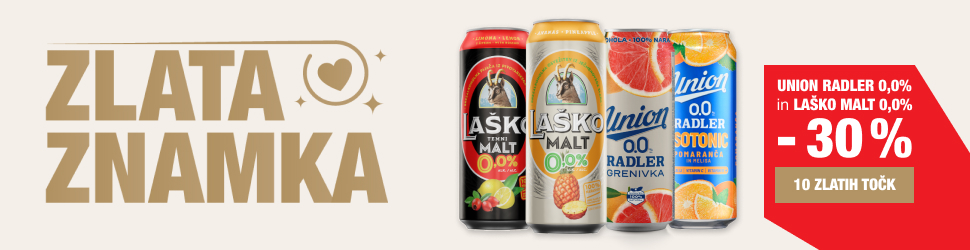 Promocijski banner na svetlem ozadju z velikim napisom »ZLATA ZNAMKA« v zlati barvi na levi strani. Na sredini so prikazane štiri pločevinke brezalkoholnih pijač: Laško Temni Malt 0,0 %, Laško Malt 0,0 %, Union 0,0 Radler Grenivka in Union 0,0 Radler Isotonic Pomaranča in melisa. Na desni strani je rdeča akcijska oznaka z besedilom »Union Radler 0,0 % in Laško Malt 0,0 %«, poudarjenim popustom −30 % z unovčitvijo 10 zlatih točk.