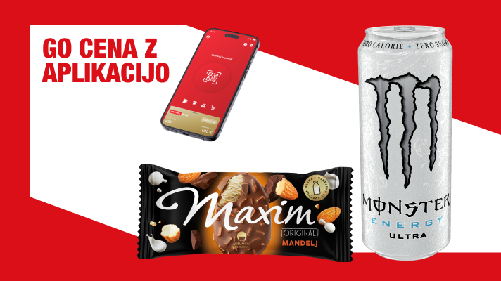 Na sliki je promocijski grafični oglas z napisom »GO CENA Z APLIKACIJO«. Prikazan je mobilni telefon z odprto aplikacijo, energijska pijača Monster Energy Ultra in čokoladica Maxim z mandlji. Oglas je oblikovan v rdeči, beli in sivi barvni kombinaciji ter predstavlja ponudbo izdelkov po ugodnejši ceni z uporabo aplikacije.