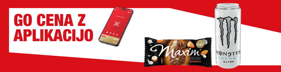 Na sliki je promocijski grafični oglas z napisom »GO CENA Z APLIKACIJO«. Prikazan je mobilni telefon z odprto aplikacijo, čokoladica Maxim z mandlji in energijska pijača Monster Energy Ultra. Oglas v rdeči, beli in sivi barvni kombinaciji izpostavlja možnost ugodnejšega nakupa izdelkov z uporabo aplikacije.