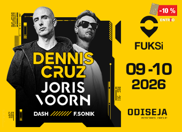 Promocijski plakat za glasbeni dogodek z rumeno-črno grafično podobo. V ospredju sta portretni fotografiji dveh nastopajočih, ob katerih so izpisana imena Dennis Cruz in Joris Voorn. Spodaj sta navedena tudi Dash in F.Sonik. Na desni strani so logotip FUKSi, datum 09–10 2026 in lokacija Odiseja. V zgornjem desnem kotu je oznaka za 10 % popust.