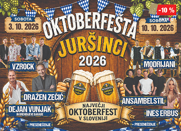 Promocijski plakat za Oktoberfest Juršinci 2026 z lesenim ozadjem, hmeljem, modro-belimi bavarskimi zastavicami in ilustracijo dveh vrčkov piva v sredini. Na plakatu so navedeni nastopajoči Vzrock, Modrijani, Dražen Zečić, Ansambel Stil in Ines Erbus. Dogodek bo potekal 3. in 10. oktobra 2026 v Juršincih. V spodnjem delu je zapis »Največji Oktoberfest v Sloveniji«, v zgornjih vogalih pa oznaka za 10 % popust.