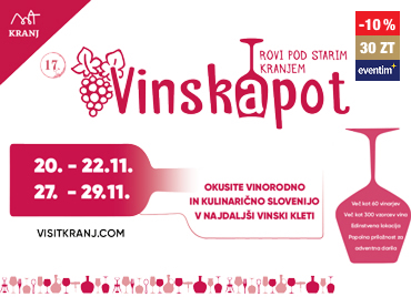 Promocijski plakat za dogodek Vinska pot pod Starim Kranjem. Na svetlem ozadju je velik rdeč napis »Vinskapot« z ilustracijo grozda. Dogodek poteka v dveh terminih: 20.–22. 11. in 27.–29. 11.. Ob naslovu je zapis »Poti pod starim Kranjem«. V osrednjem delu je besedilo: »Okusite vinorodno in kulinarično Slovenijo v najdaljši vinski kleti«. Na desni strani je grafika vinskega kozarca z informacijami o kozarcu za vino, darilni vrečki, identifikacijski kartici in priloženim promocijskim materialom. V zgornjem desnem kotu je oznaka »-10 % za ZT eventim«. V zgornjem levem kotu je logotip Kranja, na dnu pa spletni naslov visitkranj.com ter dekorativni motiv vinskih steklenic in kozarcev.