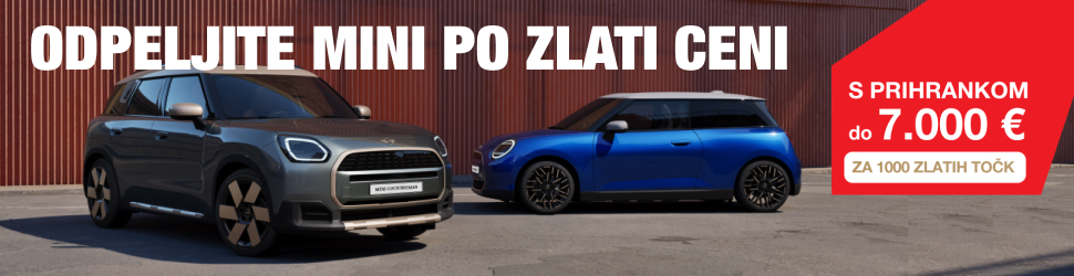 Na sliki sta oseba in bel avtomobil Mini Countryman na gorski cesti. V zgornjem desnem delu slike je rdeče polje z besedilom »EKSKLUZIVNO UGODEN MINI ZA ČLANE PETROL KLUBA«. V ozadju so vidni hribi in cesta.