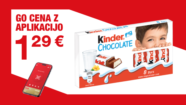 Na sliki je promocijski oglas za aplikacijo Petrol GO. Prikazana je cena 1,29 €, mobilni telefon z odprto aplikacijo Petrol GO ter paket čokoladic Kinder Chocolate z osmimi čokoladicami.