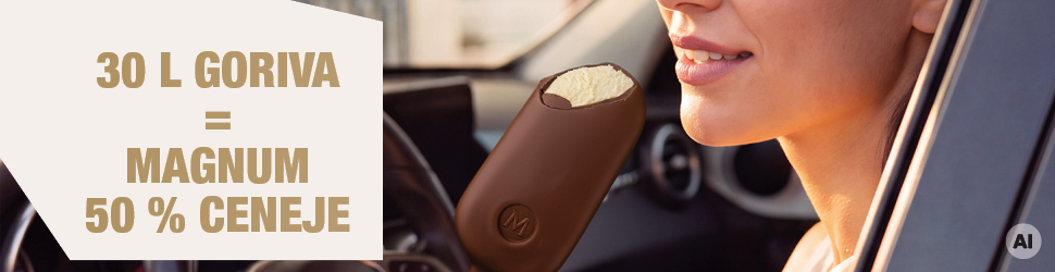 Na sliki je promocijski oglas z besedilom »30 L goriva = Magnum 50 % ceneje«. Prikazana je oseba v avtomobilu, ki drži čokoladni sladoled na paličici Magnum. V spodnjem desnem kotu je vidna oznaka AI.