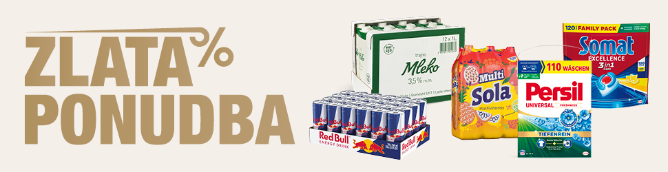 Promocijski oglas na svetlem ozadju z velikim napisom »ZLATA PONUDBA« v zlatih črkah na levi strani. Na desni strani je prikazan izbor izdelkov: večje pakiranje trajnega mleka Mleko 3,5 %, paket energijske pijače Red Bull, večpak sadnega napitka Multi Sola, pralni prašek Persil Universal in kapsule za pomivalni stroj Somat Excellence 3in1. Izdelki so razporejeni skupaj kot poudarjena akcijska ponudba živilskih in gospodinjskih izdelkov.