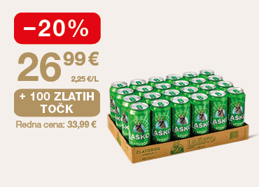 Paket piva Laško Zlatorog (24 pločevink) na svetlem ozadju. Ob unovčitvi 100 zlatih točk akcijska cena 26,99 €, znižanje –20 %, redna cena 33,99 €.