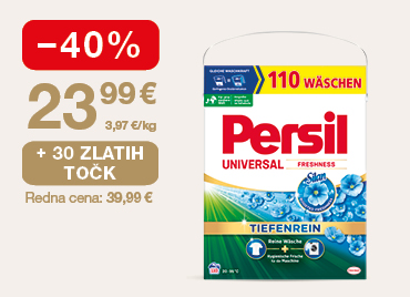 Pralni prašek Persil Universal (110 pranj) na svetlem ozadju. Ob unovčitvi 30 zlatih točk, akcijska cena 23,99 €, znižanje –40 %, redna cena 39,99 €.
