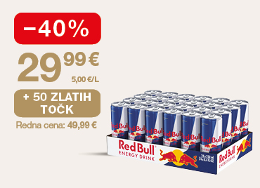 Red Bull Energy Drink (24 pločevink) na svetlem ozadju. Ob unovčitvi 50 zlatih točk, akcijska cena 29,99 €, znižanje –40 %, redna cena 49,99 €.