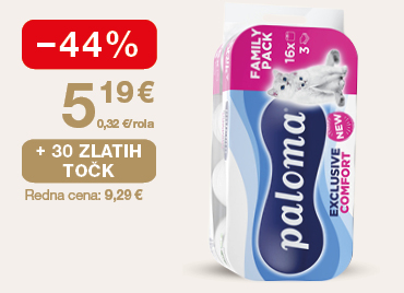 Toaletni papir Paloma Exclusive Cotton Soft Family Pack (16 rol) na svetlem ozadju. Ob unovčitvi 30 zlatih točk, akcijska cena 5,19 €, znižanje –44 %, redna cena 9,29 €.