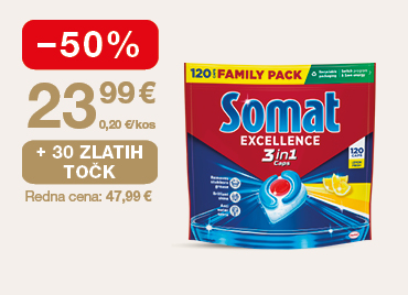 Kapsule za pomivalni stroj Somat Excellence 3in1 Family Pack (120 kapsul) na svetlem ozadju. Ob unovčitvi 30 zlatih točk, akcijska cena 23,99 €, znižanje –50 %, redna cena 47,99 €.