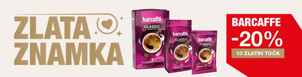 Na sliki je promocijski oglas z besedilom »Zlata znamka« in »Barcaffe -20 % 10 zlatih točk«. Prikazani so izdelki Barcaffè Classic v različnih pakiranjih na svetlem ozadju.