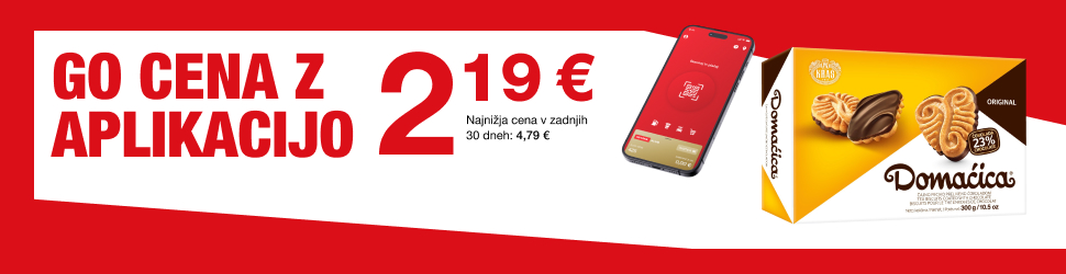 Na sliki je prikazana ponudba piškotov Domaćica po GO ceni 2,19 € z aplikacijo Petrol GO.