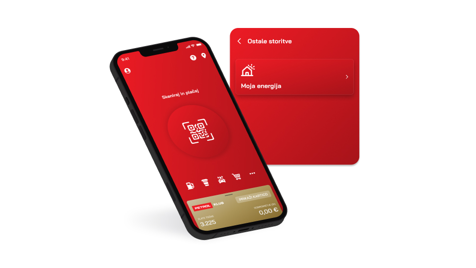 Dva prikaza mobilne aplikacije Petrol. Na levem je začetni zaslon z rdečim ozadjem in poudarjeno QR kodo za skeniranje ali plačilo, spodaj pa so bližnjice do funkcij in prikaz stanja (Petrol klub kartica in dobroimetje). Na desni je zaslon »Ostale storitve«, kjer je prikazana možnost »Moja energija«.