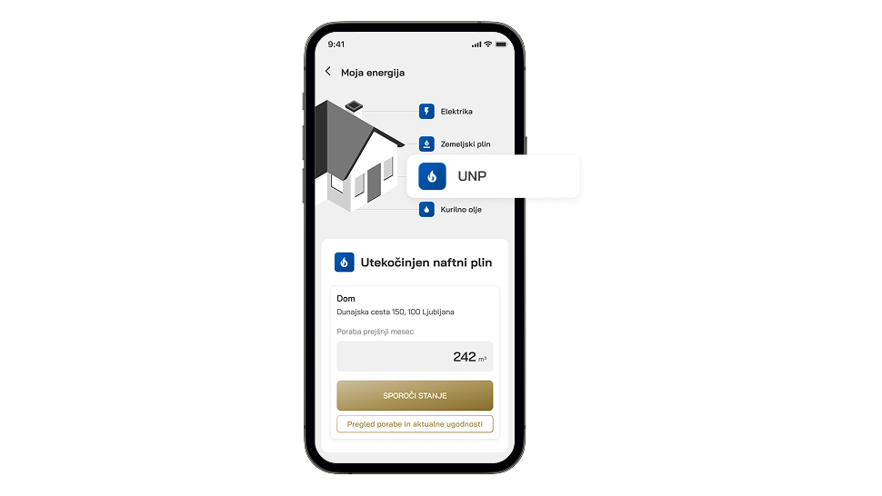 Mobilni zaslon aplikacije »Moja energija« prikazuje pregled porabe za UNP (utekočinjen naftni plin). Na vrhu je ilustracija hiše ter meni z energenti (elektrika, zemeljski plin, UNP, kurilno olje), pri čemer je izbran UNP. Spodaj je kartica z naslovom »Utekočinjen naftni plin«, ki vključuje naslov (Dunajska cesta 150, Ljubljana) in podatek o porabi prejšnji mesec (242). Na dnu sta gumba »Sproži stanje« in »Pregled porabe in aktualne ugodnosti«.