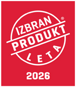 Na rdečem delu z belo obrobo se nahaja logo z napisom "Izbran produkt leta 2026".