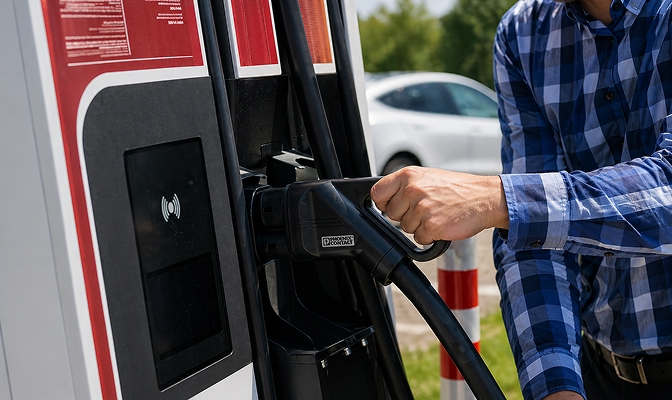 Oseba priklaplja polnilni kabel v polnilnico za električna vozila.