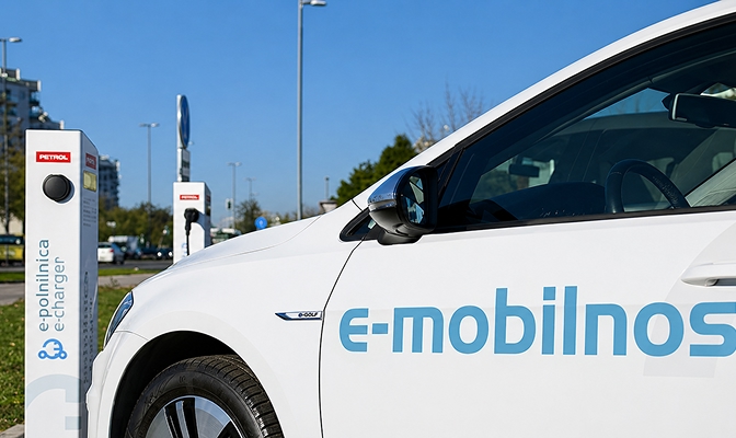 Na sliki je prikazan bel električni avtomobil, parkiran ob polnilni postaji za električna vozila. Na boku vozila je viden napis »e-mobilnost«, v ospredju pa stoji polnilna postaja z oznako za e-polnjenje. Prizor je posnet na prostem v urbanem okolju ob jasnem vremenu.
