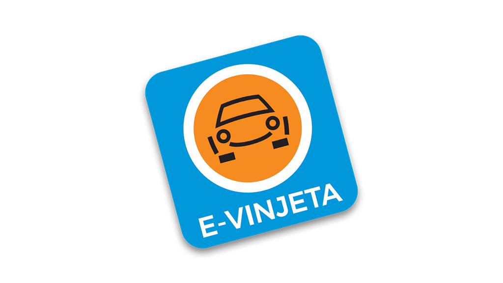 Na sliki je modra e-vinjeta z oranžnim krogom, ikono avtomobila in napisom »E-vinjeta«.