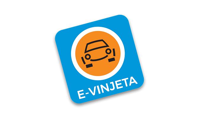 Na sliki je modra e-vinjeta z oranžnim krogom, ikono avtomobila in napisom »E-vinjeta«.